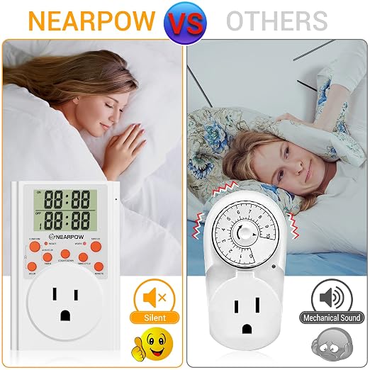 NEARPOW Infinite Cycle Digital Timer Outlet Switch, Programmable 3-Prong | Multifunctional Plug-in Electrical Timer, Energy-Saving Power Switch, Heavy Duty 15A/1800W for Household Appliances