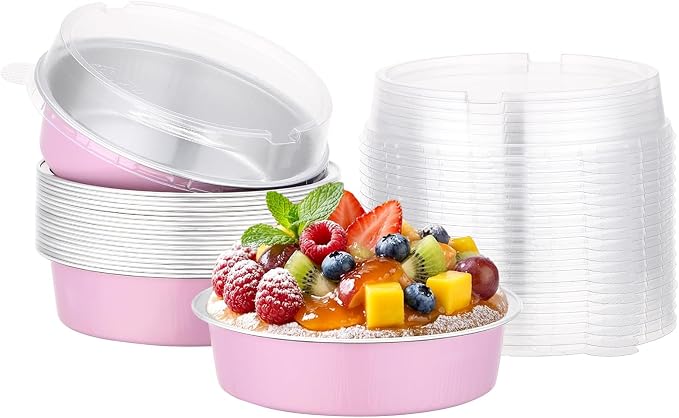 Beasea Disposable Mini Pie Tins with Lids, 20 Pack 7.3oz Aluminum Baking Foil Tins Small Round Tart Container for Individual Dessert Cupcake Muffin Cheesecake Quiche Oven Dishes - Pastel Pink