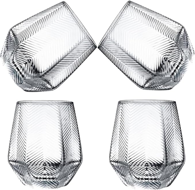 Wine Glasses Set Of 4,Stemless Wine Glasses 10 Oz Stress Relief Tumblers Dishwasher Safe, Spill-Proof Design For Red Wine, Cocktail, Whiskey, Bourbon, Gift for wine lovers (4pcs Stripe)