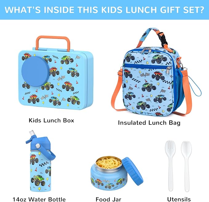 Bento Lunch Box for Kids Adult, Leakproof 3-4 Compartment Bento Box Set with Insulated Food Jar,Water Bottle, Lunch Bag, School Lunch Container for Toddler Teen Girls Boys Ages 3+(Vehicle)