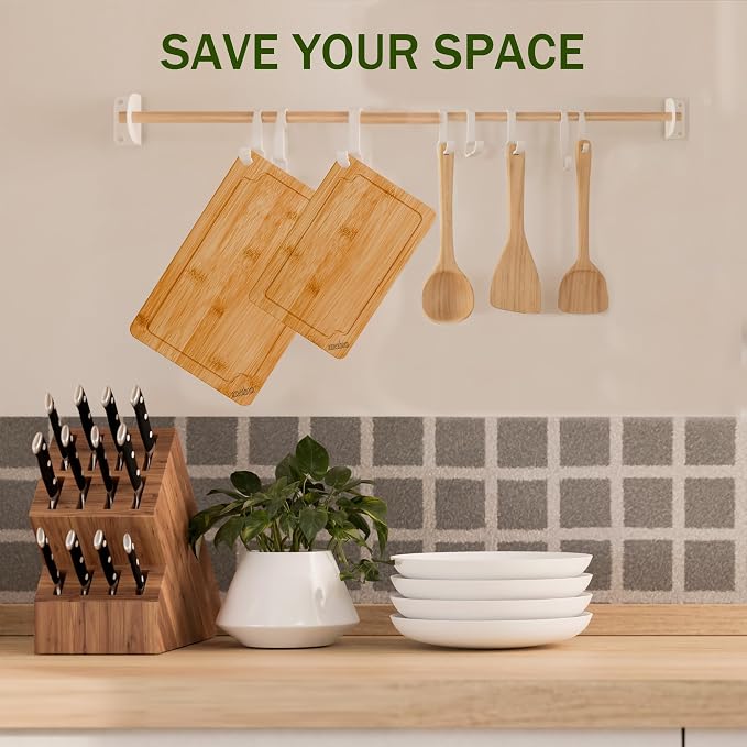 2-Piece Bamboo Cutting Board Set Serving Tray Juice GroovesHandles | Ideal for Meat Vegetables Fruit,Easy Storage & Quick Clean,Natural Wood Construction,Dual-Purpose as Serving Tray
