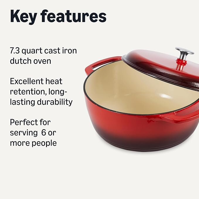 Amazon Basics Enameled Cast Iron Dutch Oven Pot with Lid, Round, Dual Handles, Heavy-Duty, Oven Safe for Stews, Roasting, Baking, 7.3-Quart, Red