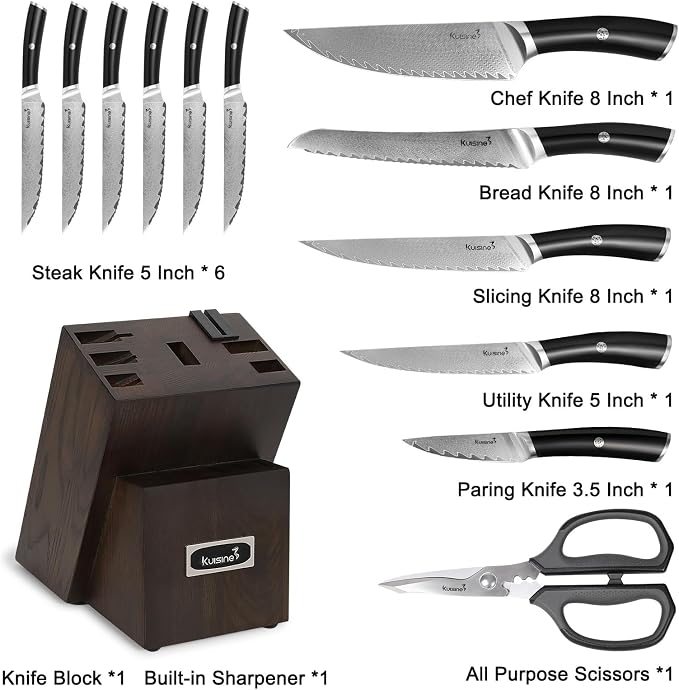 KUISINE 14-Piece Damascus Knife Set with Block, Ultra Sharp | Ergonomic Non-slip Handle Chef Knife Set with Built-in Sharpener, Dishwasher Safe, Luxury Gift for Holiday