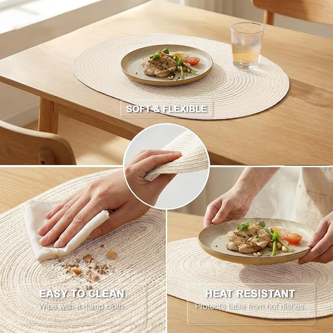 Placemats Set of 6, Woven Oval Braided Dining Table Mats(Cream White) | 12 x 17.5 Inch Size Fits Plates and Flatware; Hand Washable and Heat Resistant for Kitchen Use, with Farmhouse and Boho Style