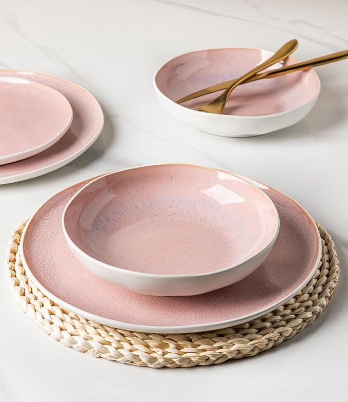 GBHOME Stoneware Dinnerware Sets for 6,18 Piece Rustic Plates and Bowls Set | Earthenware Handmade Reactive Glaze Plate Sets, Chip Resistant Ceramic Dishes, Microwave & Dishwasher Safe, Pink