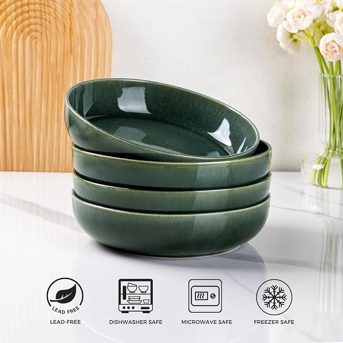 GBhome 8.75'' Large Ceramic Pasta Bowls, 38oz Stoneware Pasta Serving Bowls Set of 4 for Kitchen, Wide Bowls for Fruit,Pasta,Salad,Oatmeal,Meal, Microwave Safe, Reactive Glaze-Earth Green