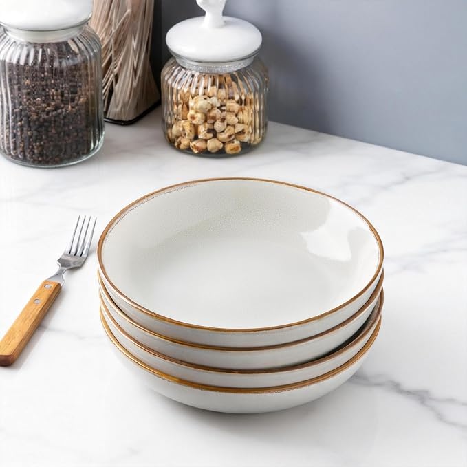 AmorArc 8.5’’ Ceramic Pasta Bowls Set of 4, 36oz Large Stoneware Bowls Set | Large Dinner Serving Bowls Set, Wide Bowl Plate for Pasta,Salad, Soup, Microwave Safe, Reactive Glaze-Pearl White
