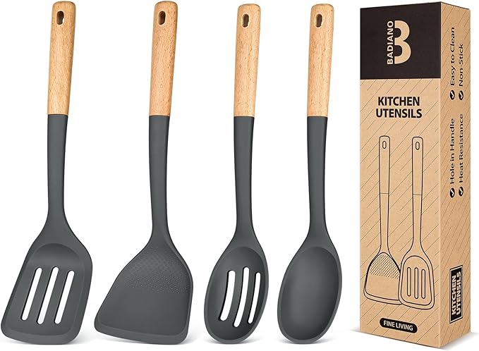 Silicone Cooking Utensils Set, Safe for Nonstick Cookwares, Grey | Perfectly Angled for Frying, Mixing,Serving,Draining,Turning and Stirring, BPA-Free Matte Silicone, Wood Handles,4 Pack
