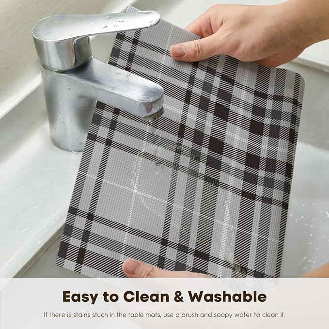 Artoid Mode Stripe Plaid Vinyl Placemats Set of 4, 12x18 Inch Washable Non-Slip Heat Resistant Plastic Place Mats for Party Dining Table, Grey