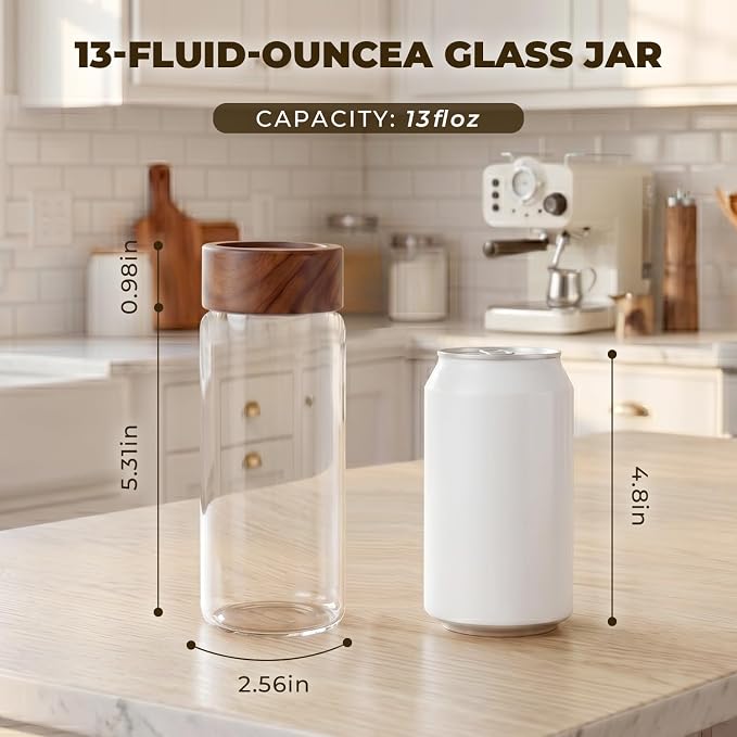 4 Pack 13 oz Glass Spice Jars with Airtight Wood Lids - 15cm Tall Small Storage Food Containers with Labels for Pantry Organization, Herb, Seasoning, Sugar, Coffee Bean, Tea
