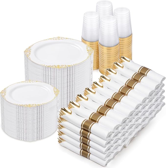 Nervure 700Pcs Gold Plastic Plates, Plastic Dinnerware Set for 100 Guests | 100 7.5" Dessert & 100 10.25" Dinner Plastic Plate, 300 Silverware, 100 10oz Cups, 100 Napkin for Wedding & Party, BPA-free