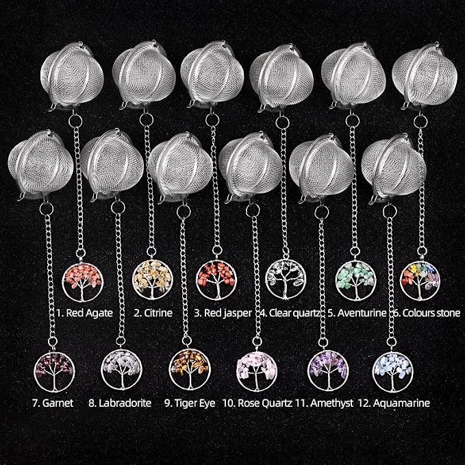 5 Pcs Stainless Steel Tea Ball Infusers with Tree of Life Crystal Charms, Fine Mesh Tea Strainers with Extension Chain & Hook for Loose Leaf Tea, Spices, Seasonings