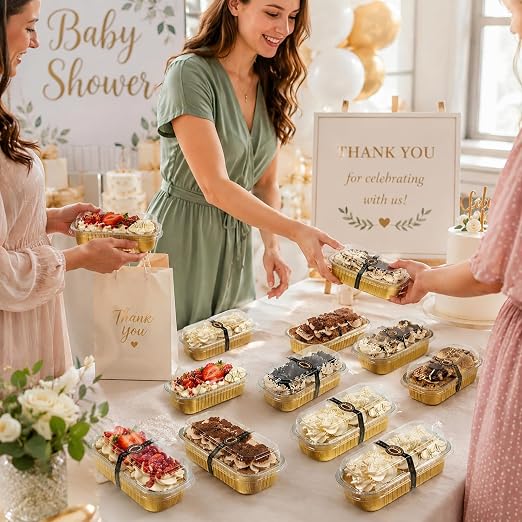 YQER 100 Pack Gold Mini Cake Pans with Lids and Spoons, 6.8 oz Disposable Aluminum Foil Mini Loaf Pans Cake Tins with Stickers and Reusable Decorating Set for Wedding Desserts, Parties and Gifts