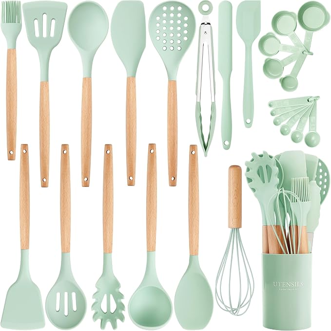 NCUE 6-Pcs Silicone Kitchen Utensils Set Wood Handle BPA-Free Food Grade (Light Green, 26 Piece)