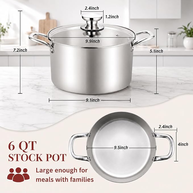TeamFar 6 Quart Stock Pot, Tri-Ply Stainless Steel Pasta Pot with Lid | Cooking Broiling Eggs Veggies Soup, Tempered Glass Lid & Double Side Riveted Handles, Healthy & Heavy Duty, Dishwasher Safe