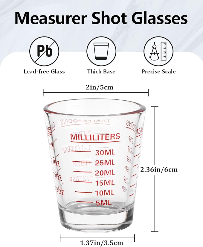 Shot Glass Measuring Cup Set, 6 Pack Espresso Shot Glasses (Mixed Colors) | Glass measuring cups feature 26 markings up to 1 OZ, 2 TBS, 6 TSP, 30 ML for espresso, liquor, medicine and recipes