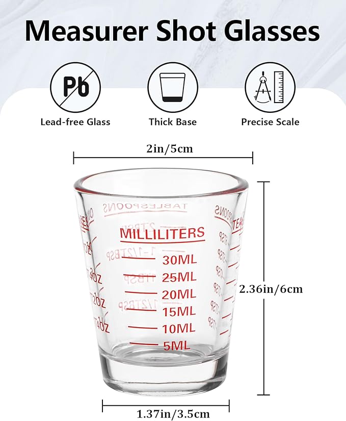 SAIAOKJ Shot Glass Measuring Cup Set, 4 Pack Espresso Shot Glasses (Red) | Glass measuring cups feature 26 markings up to 1 OZ, 2 TBS, 6 TSP, 30 ML for espresso, liquor, medicine and recipes