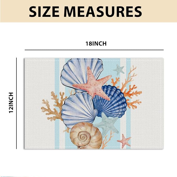 Sea Shell Starfish Beach Placemats Set of 4, Indoor Party Decoration | Seasonal Spring Summer Ocean Coastal Washable Linen Nautical Table Mats, Shell Place Mats Birthday Christmas Festivals