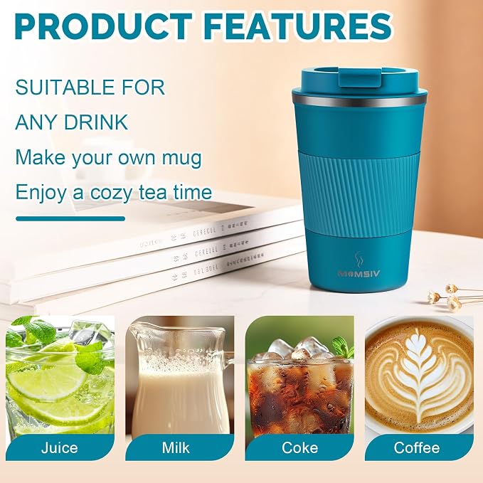 MOMSIV 12oz Travel Coffee Mug, Insulated Coffee Cup with Leak Proof Lid | 6-Hour Heat Retention, 360°Leak proof, Vacuum Stainless Steel Double Walled, BPA-free, Reusable And To Go Coffee Mug