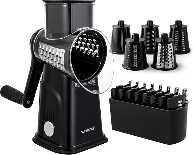 NutriChef 5 in 1 Cheese Grater & Shredder | 5 Different Blades for Thin, Thick, Julienne Strips, Wavy, & Straight Strips | Includes Hand Crank, Strong Suction Base & Storage Container | Black