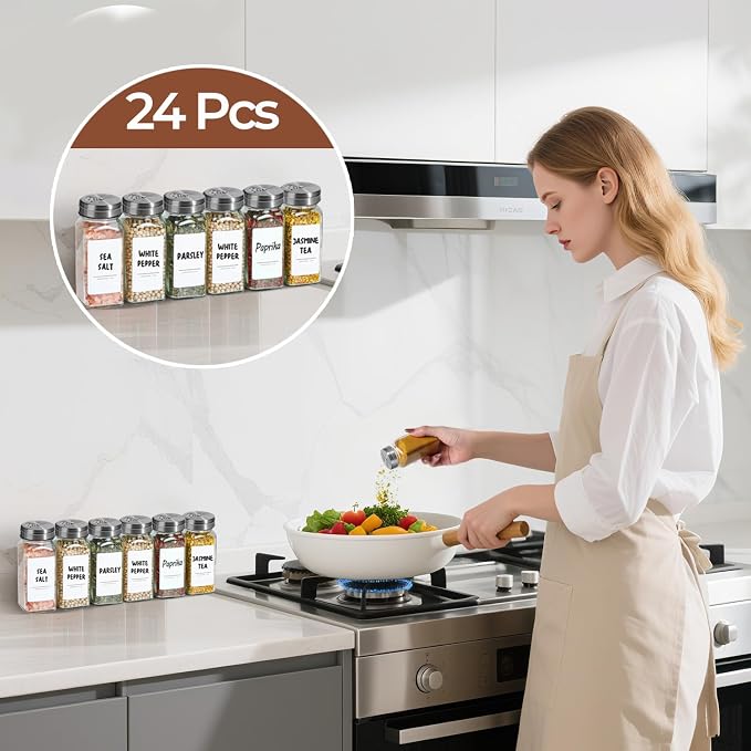 ComSaf Glass Spice Jars with Shaker Lids 4 oz 24 Pack Small Square Bulk Set | Labels, Seasoning Herbs Powders, Salt Pepper Chili, Spice Rack Organization, Kitchen Cabinet Storage, Funnel Included