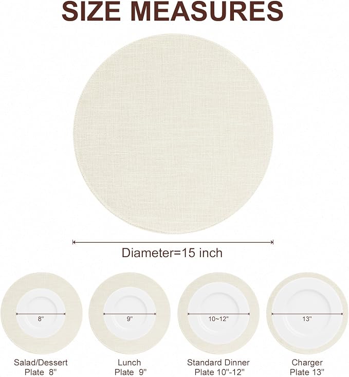 Cotton Linen 15 Inch Round Cloth Place mats, Set of 6, Cream | Washable Table Mats, Heat Resistant, Reversible, Wipeable Place Mats for Indoor Outdoor