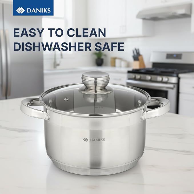 Daniks Standard 4 Quart Stainless Steel Stock Pot with Glass Lid, Tri-Ply Bottom for Even Heating, Induction Compatible, Dishwasher Safe, Built-In Measuring Scale, Silver