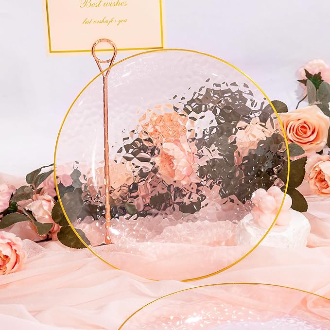 DaYammi 175PCS Clear Pink Plastic Dinnerware Set for 25 Guests, Hammered Disposable Plates for Party, Include: 25 Dinner Plates, 25 Dessert Plates, 75 Gold Silverware, 25 Napkins, 25 Cups