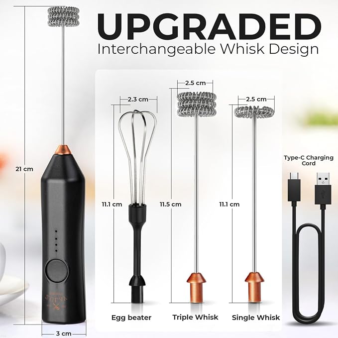 Zulay Kitchen Rechargeable Milk Frother Handheld - Frother Wand, Drink Mixer, Electric Whisk Frother, for Cappuccinos, Matcha & Protein Powder - Dynamic 3 Whisk, 3 Speed 500mAh Black Copper