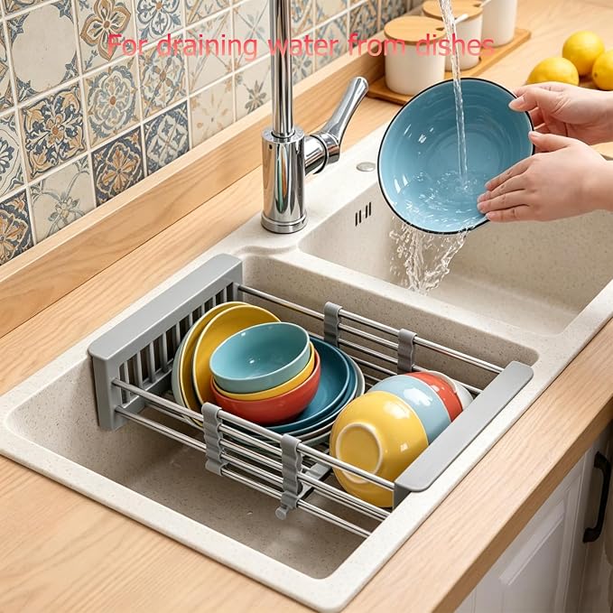 Expandable Sink Dish Drying Rack, Stainless Steel & ABS Sink Colander, Adjustable, Non-Slip, Over The Sink Storage Rack for Kitchen Fruit, Vegetable and Dish Drying (Black, Large)