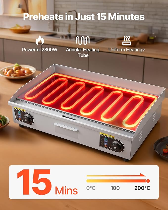 VEVOR Commercial Electric Griddle, 2800W Countertop Flat Top Grill, 122℉-572 ℉ Adjustable Temp, 29in Stainless Steel Griddle Grill with 2 Shovels and 2 Brushes for Home or Restaurant(110V No Plug)