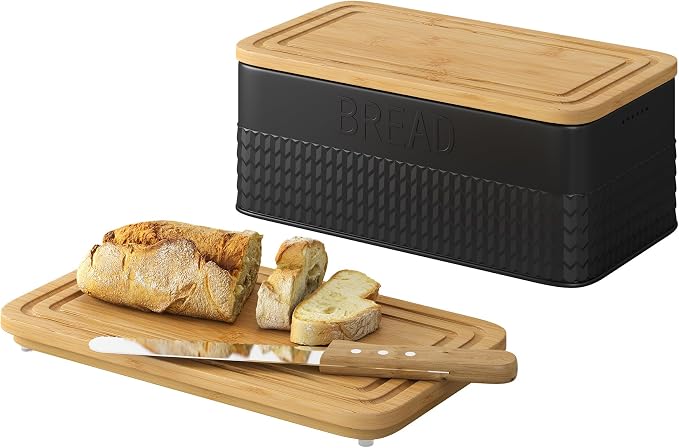 kiplant Black Bread Box for Kitchen Countertop, Large Bread Storage Container with Bamboo Lid, Iron Farmhouse Bread Box for Your House