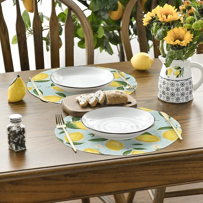 Artoid Mode Blue Lemon Flower Floral Round Summer Placemats Set of 4, 14 Inch Spring Round Table Mats for Dining Decoration