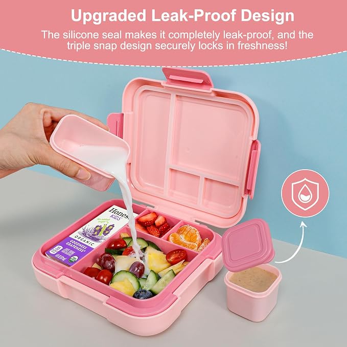 Caperci Bento Box for Kids Age 4-8 - Leak-Proof Toddler Lunch Box Container with 2 Modular Containers & 4 Compartments, Hold 4.8 Cups, Portable Handle, BPA-Free, Microwave/Dishwasher Safe (Mermaid)