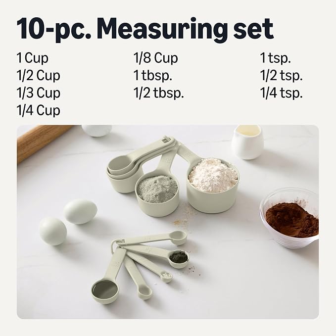 Amazon Basics Measuring Cups and Spoons, 10-Piece Set, Food-Grade Plastic, Dishwasher-Safe, Linen Gray