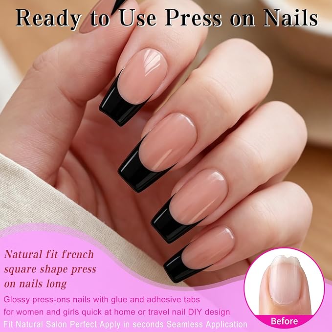 240pc Black French Tip Press on Nails Medium Square Acrylic Nail, Coffee Press ons Fake Nails with Glue & Tabs, 12 Sizes Glue on Nails Medium Press-on Nail Square Stick on Nail for Women Manicure