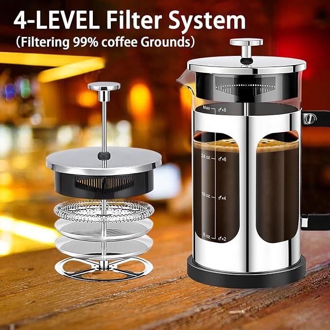 YMMIND French Press Coffee Maker (34oz 1Quart 5-6Cup) Coffee Press, with 4 Filters System, Heat Resistant Thickness Borosilicate Glass, Cold Brew Coffee Tea Pot Gifts (Silvery)