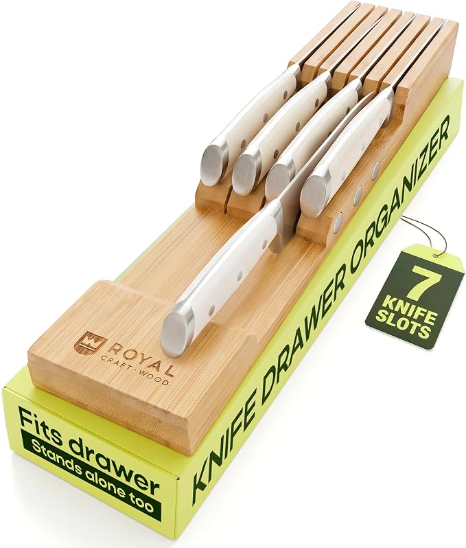 Bamboo In-Drawer Knife Block for 7 Knives – Premium Drawer Knife Organizer Insert, Kitchen Knife Holder for Safe Knife Storage, Compact Kitchen Organization & Drawer Storage