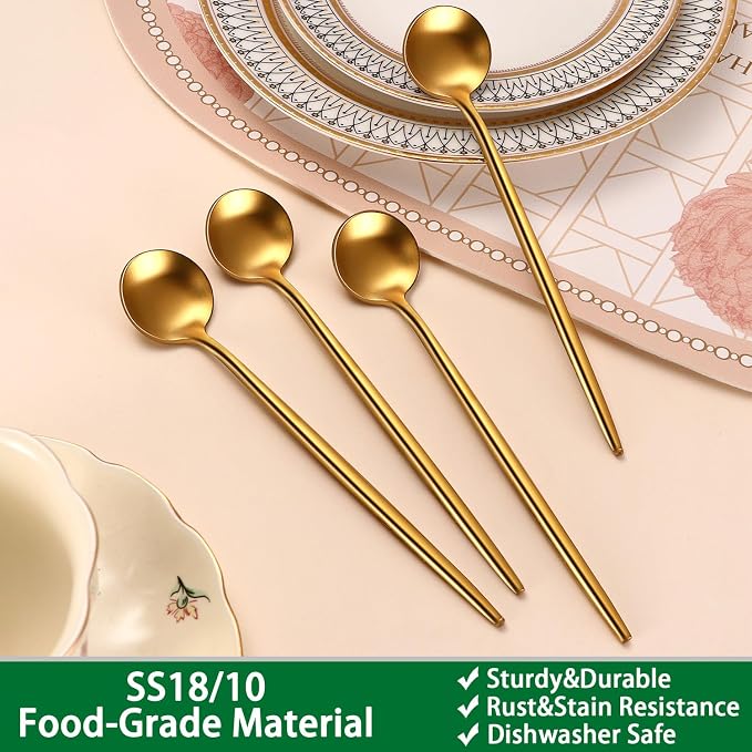 DEHOV Satin Gold 6.7 Inches Coffee Spoon,4 Pieces Stainless Steel 18/10 Tea Spoons Set,Solid Round Handle Coffee Stirring Spoon,Durable Dishwasher Safe Long Handle Ice Cream Spoons,Teaspoon