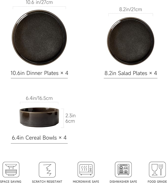 Dinnerware Sets for 4, 12 pcs Reactive Glaze Plates and Bowls Sets, Black | Large Size Modern Stoneware Dishes, Chip & Scratch Resistant, Dishwasher and Microwave Safe Tableware, Glossy
