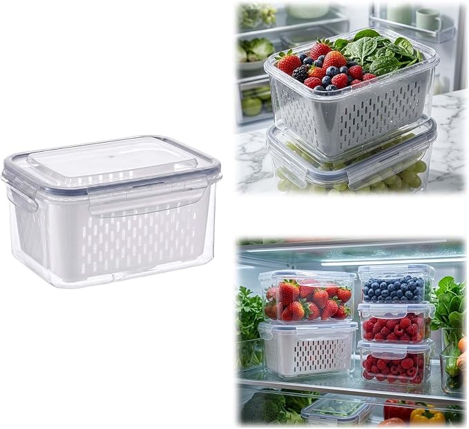 Fruit Storage Containers for Fridge with Removable Colander, Airtight Produce Storage Containers with Lids, Fridge Organizers and Storage for Berry, Fruit, Vegetables, Salad & Meal Prep (Gray, M)