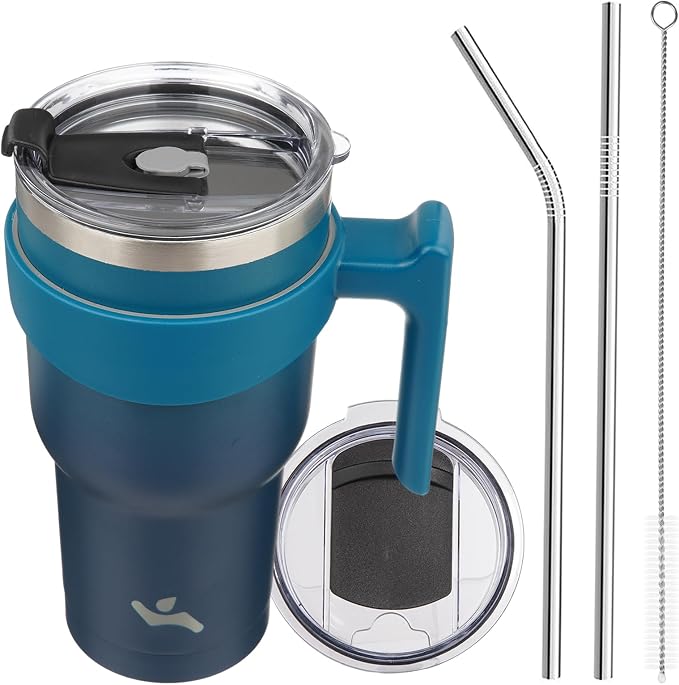 Konokyo 30 oz Tumbler with Handle and Straw, Insulated Travel Mug | Indigo Black; BPA-free, leak-proof tumbler with 2 lids, 2 straws, cup holder fit for coffee, office, travel & daily use