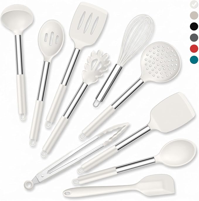 Onader 10 Pieces Silicone Kitchen Utensils Set, Cooking Utensils with Holder and Heat Resistant Stainless Steel Handle for Nonstick Cookware -White