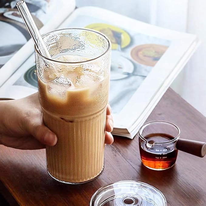 JunVpic Glass Coffee Tumbler, 20 oz Glass Cup with Lid and Straw | Clear glass design, Hammered Texture, reusable straw and lid for iced coffee, tea, smoothies and hot & cold drink