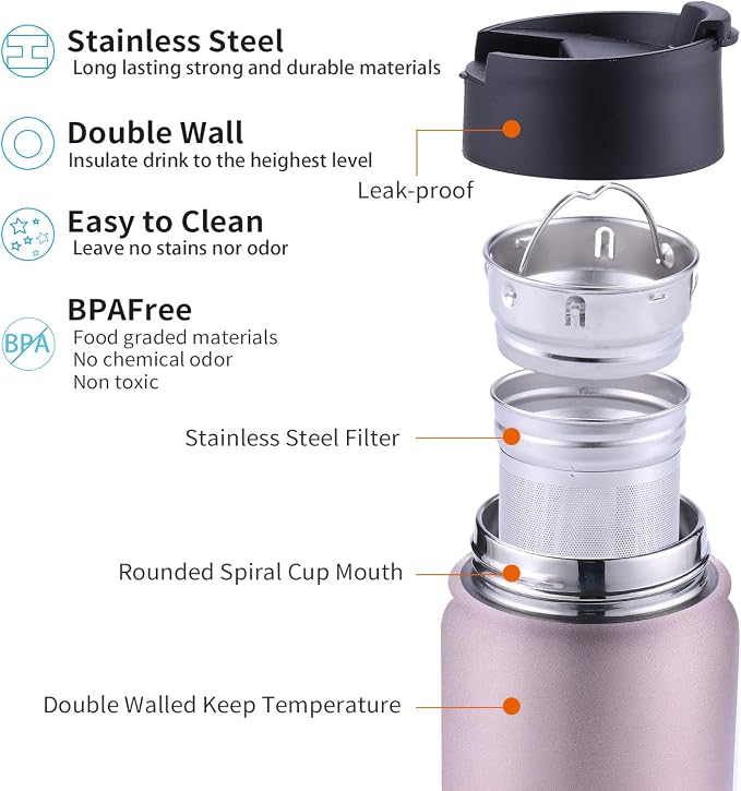 Sivaphe Infuser Travel Mug with Removable loose leaf Tea Strainer Tea Filter Water Bottle 18/8 Stainless Steel Insulated Tumbler for Women Rosegold