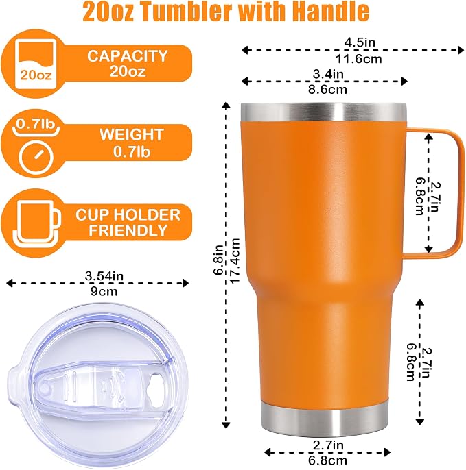 20 oz Tumbler with Handle Coffee Tumblers with Lid Travel Mug Orange 12P | 20oz Tumblers with Handle Double-Wall Insulated Vacuum Coffee Mugs Stainless Steel Tumbler with Handles&Lid Orange 12P