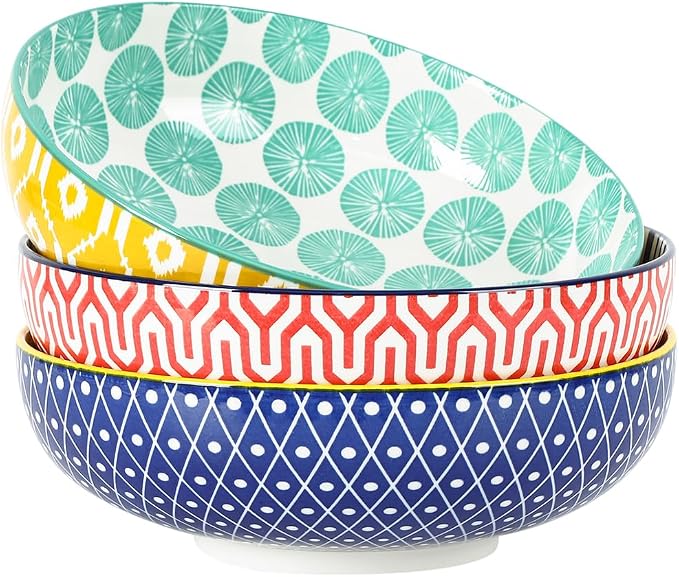 Selamica 9.5" Serving Bowls, 60 OZ Large Salad Bowls Set of 3 for Entertaining Party, Ceramic Bowls for Kitchen, Pasta, Soup, Dinner, Assorted Colors