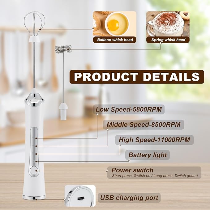 Handheld Electric Milk Frother with 2 Heads, Coffee Whisk Foam Mixer with USB Rechargeable 3 Speeds, Foam Maker Blender for Latte, Cappuccino, Hot Chocolate, Egg (Type 4)