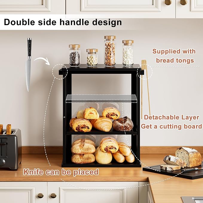 WOWLIVE Bread Box for Kitchen Countertop, 3 Layers Bread Storage Container | Large Bamboo Bread Bin for Homemade Bread with Window, Farmhouse Breadbox Organizer for Kitchen, Cabinet, Black, Extra Large