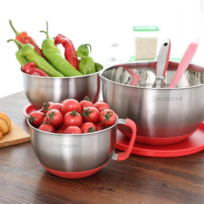 Stainless Steel Mixing Bowls: Metal Mixing Bowl Set with Lids and Handles Non-slip Silicone Bottom Nesting Bowls for Kitchen Set of 3 - Red